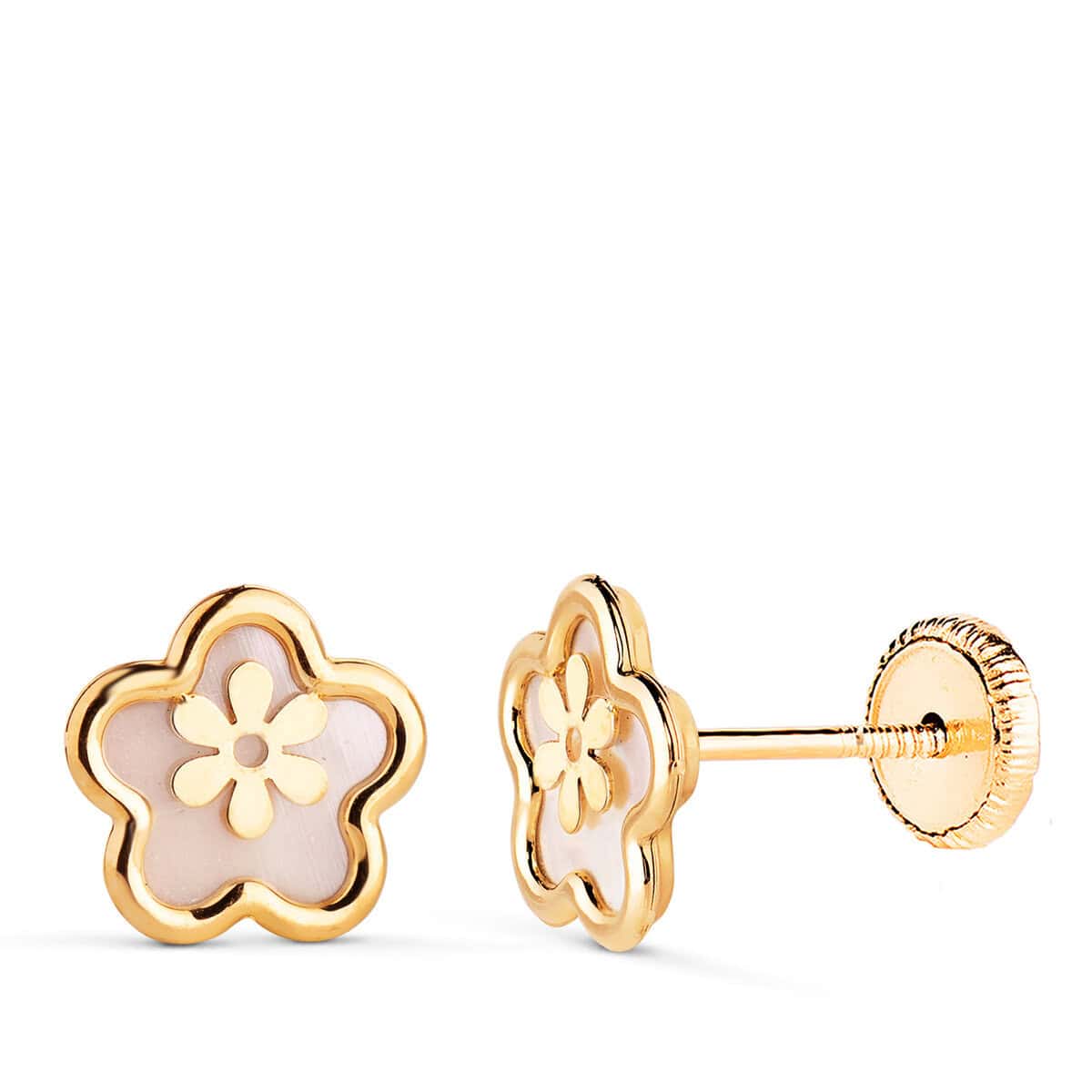 18833n Pendientes Niña 8 mm Oro Amarillo 18 Quilates Flor y Nácar - Imagen 1