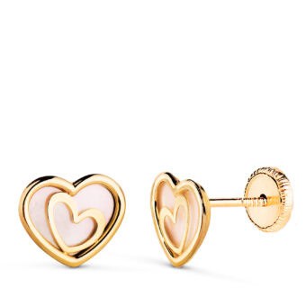 Pendientes Corazón 9 x 7 mm en Oro Amarillo de 18 Quilates y Nácar