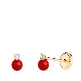 Pendientes "Tu y Yo" 5x3 mm Oro Amarillo 18K Coralina y Circonitas