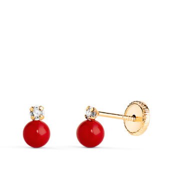 Pendientes «Tu y Yo» 6,5 ×4 mm Oro Amarillo 18K Coralina y Circonitas