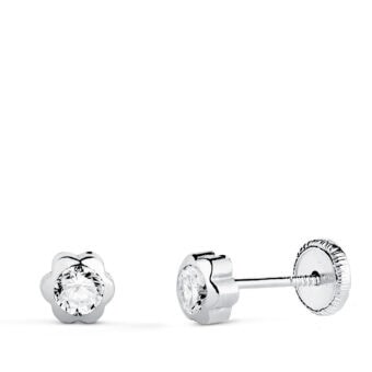 Pendientes Bebé 5mm Oro Blanco 18K Flor Circonita