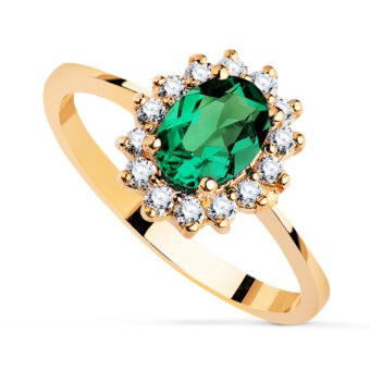 Anillo Compromiso Oro Amarillo 18K Diamantes y Esmeralda 0,75Q